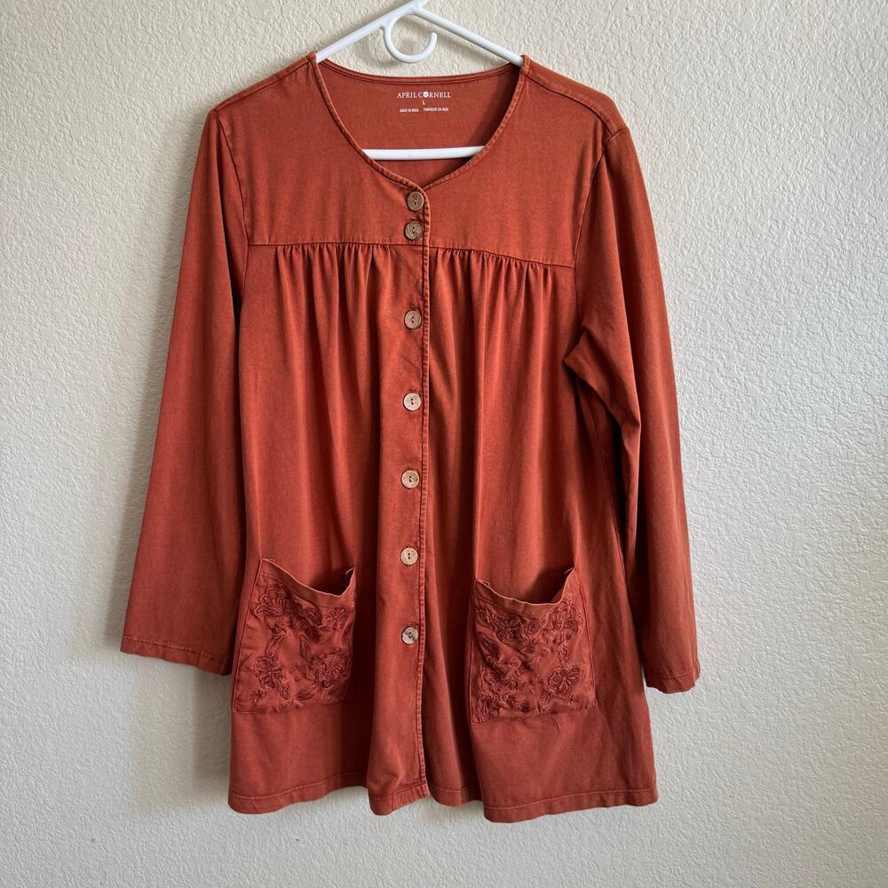 April Cornell Sunwashed Artist Smock Embroidered Terracotta Orange Tunic Shirt L